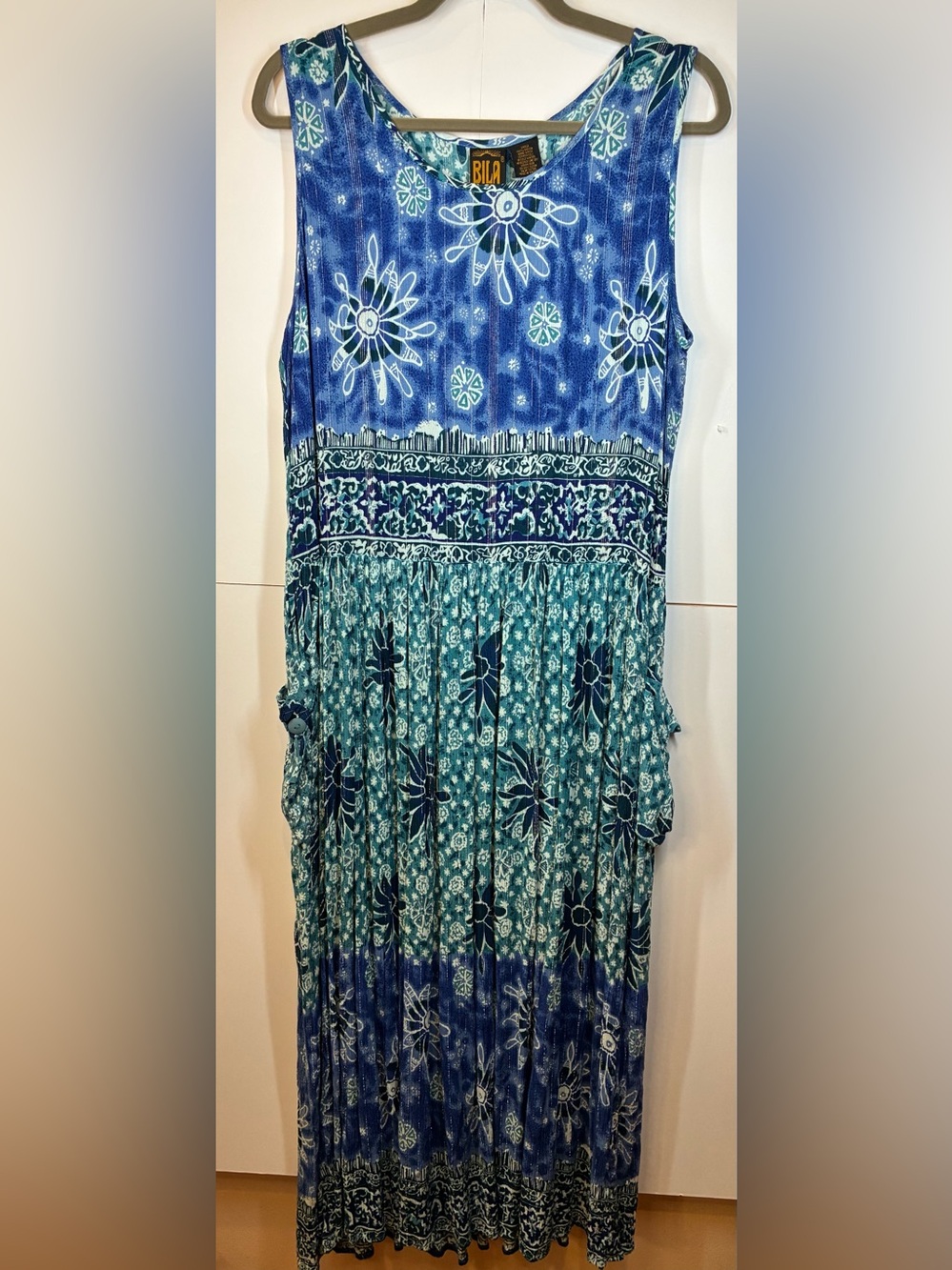 BILA Blue/Teal Boho Floral Midi Dress Sleeveless Rayon Festival Sundress Large